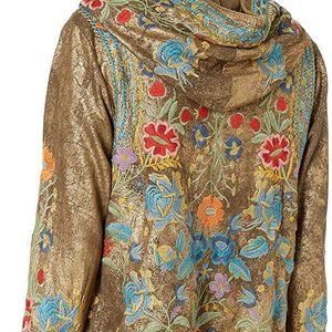 Johnny WAs Biya army green/gold Honig Metellic Hooded open front boho chic